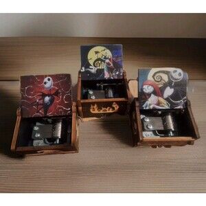 x3 Set Nightmare Before Christmas Hand Cranked Wooden Mini Music Boxes 2x2.5x1.5